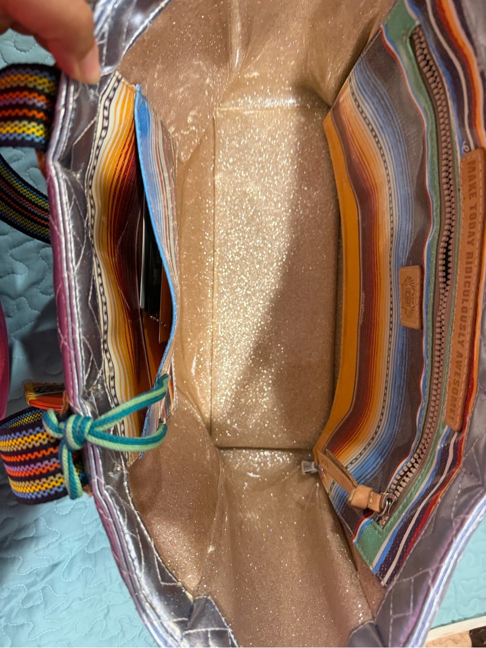 Consuela Quilted Metallic Tote with Multicolor Handles and Red Charm - Picture 2 of 3